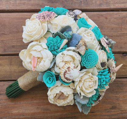 Beach Wedding Bouquet & Boutonniere Set, Sola Wood Flower Bouquet, Seashell Bridal Bouquet, Teal Ivory Wedding Flowers, Destination Wedding