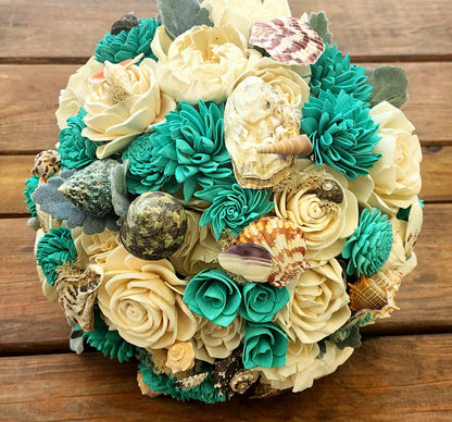 Beach Wedding Bouquet & Boutonniere Set, Sola Wood Flower Bouquet, Seashell Bridal Bouquet, Teal Ivory Wedding Flowers, Destination Wedding