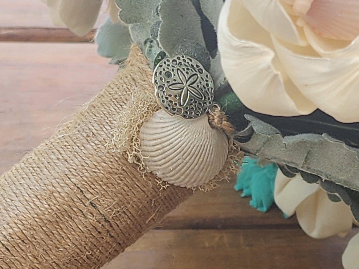 Beach Wedding Bouquet & Boutonniere Set, Sola Wood Flower Bouquet, Seashell Bridal Bouquet, Teal Ivory Wedding Flowers, Destination Wedding