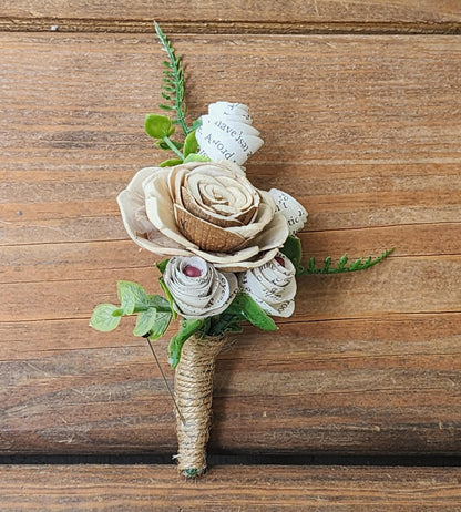 Sola Wood Flower Bridal Bouquet & Boutonniere, Book Page Wedding Flowers, Rustic Fall Wedding Bouquet, Keepsake Wedding Flowers