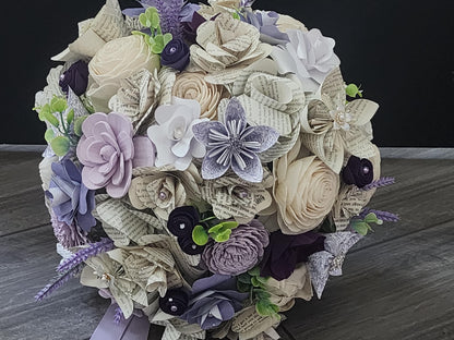 Lavender, Purple and Ivory Sola Wood Flower Bridal Bouquet & Boutonniere, Book Page Wedding Flowers, Romantic Keepsake Wedding Bouquet