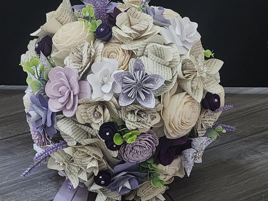 Lavender, Purple and Ivory Sola Wood Flower Bridal Bouquet & Boutonniere, Book Page Wedding Flowers, Romantic Keepsake Wedding Bouquet
