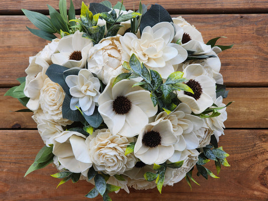 Sola Wood Flower Wedding Bouquet with Boutonniere: Garden Theme Keepsake. Sola Wood Flower Brides Bouquet and Grooms Boutonniere
