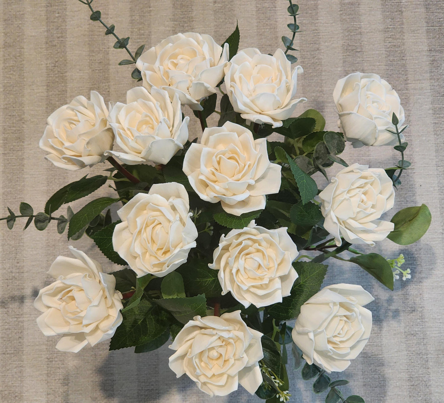 One Dozen Ivory Sola Wood Roses on Faux Rose Stems with Realistic Leaves & Soft Touch Thorns, DIY Wedding Flowers, Floral Craft Supply