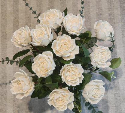 One Dozen Ivory Sola Wood Roses on Faux Rose Stems with Realistic Leaves & Soft Touch Thorns, DIY Wedding Flowers, Floral Craft Supply