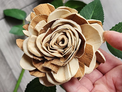 One Dozen Raw Sola Wood Roses on Faux Rose Stems with Realistic Leaves & Soft Touch Thorns, DIY Wedding Flowers, Floral Craft Supply