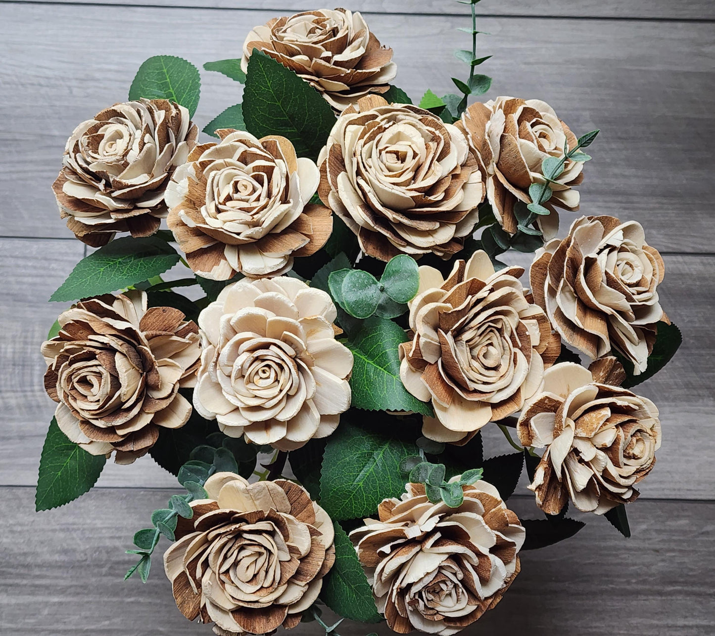 One Dozen Raw Sola Wood Roses on Faux Rose Stems with Realistic Leaves & Soft Touch Thorns, DIY Wedding Flowers, Floral Craft Supply