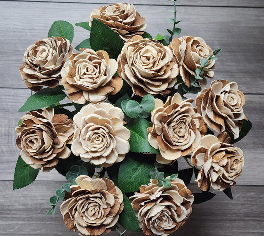 One Dozen Raw Sola Wood Roses on Faux Rose Stems with Realistic Leaves & Soft Touch Thorns, DIY Wedding Flowers, Floral Craft Supply