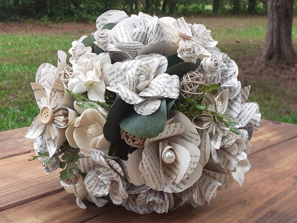 Rustic Book Page Bridal Bouquet, Sola Wood Flower Wedding Bouquet, Country Wedding Flowers , Farmhouse Rustic Bride, Keepsake Bouquet