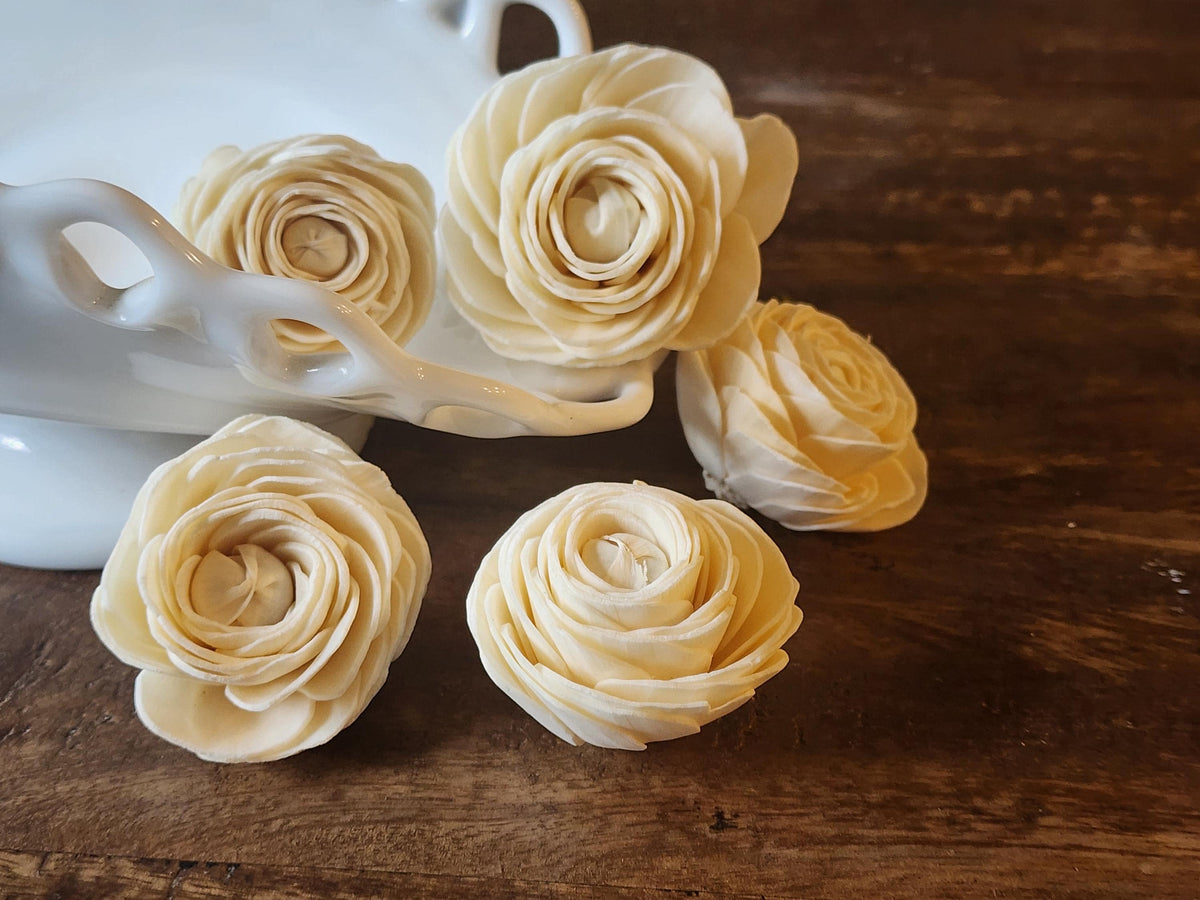Sola Wood Flowers, 1 Dozen 2.5" Ranunculus Flowers, Ivory Wood Flowers, DIY Wedding Flowers, Bouquet Supplies, Floral Craft Supplies