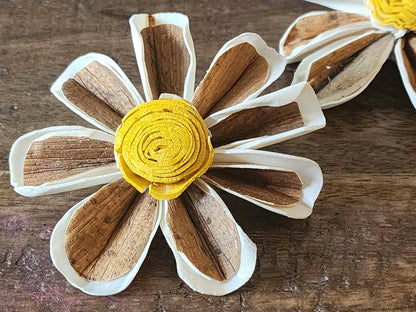 One Dozen 3" Skin Sola Wood Daisy w/ Hand-Painted Yellow Center, Forever Wooden Flower, DIY Bouquet, Floral Craft Supply, Rustic Home Decor