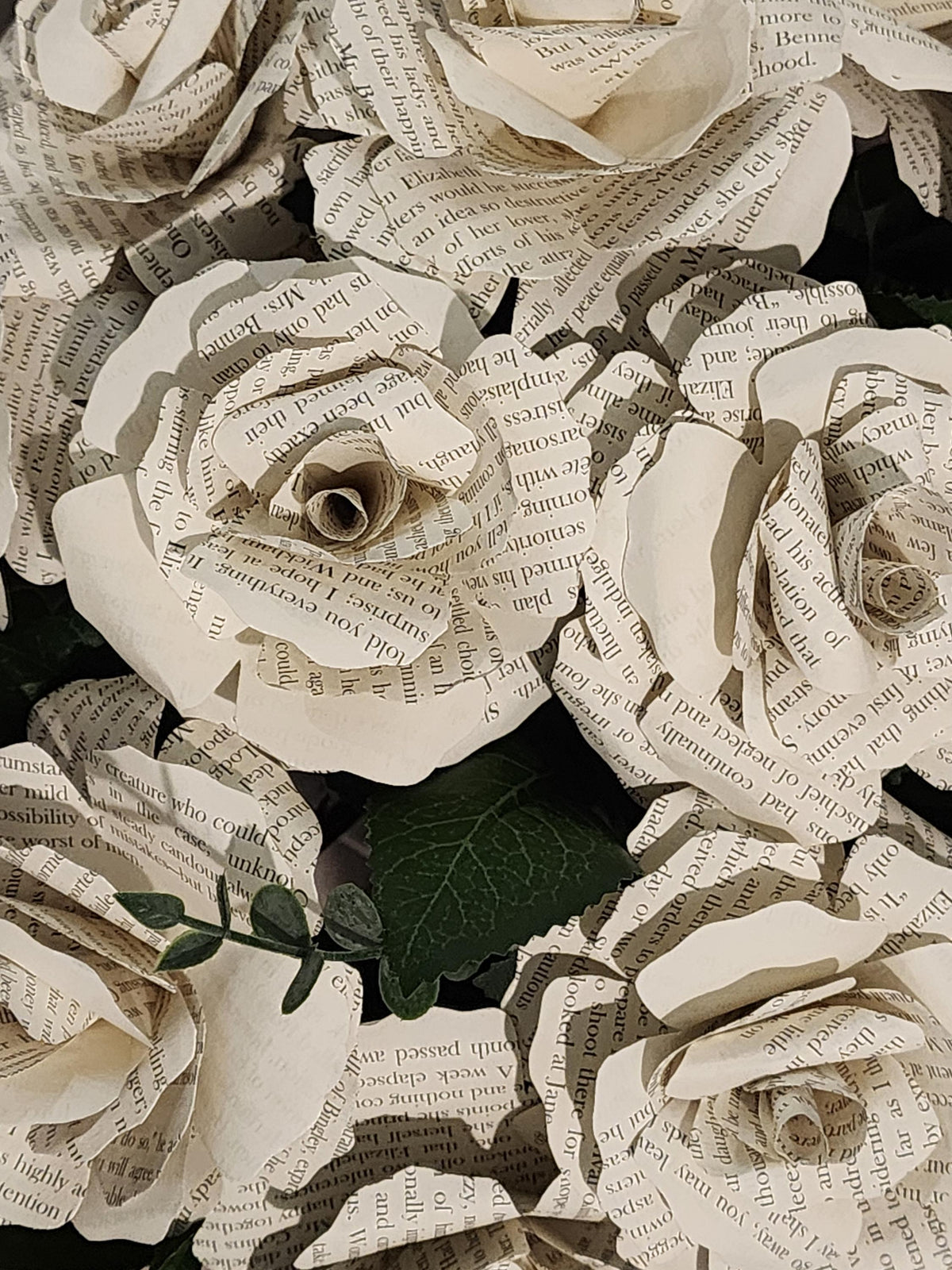 One Dozen 3" Book Page Roses on Faux Rose Stems with Realistic Leaves & Soft Touch Thorns, Upcycled Paper Flowers, Wedding Decor