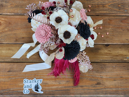Boho Wedding Bouquet with Matching Boutonniere, Ivory Blush Pink Black Burgundy Bridal Bouquet, Wood Flower Wedding Flowers, Bridal Bouquet