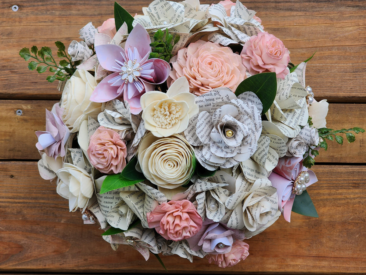 Pink, Blush and Ivory Sola Wood Flower Bridal Bouquet & Boutonniere, Book Page Wedding Flowers, Romantic Keepsake Wedding Bouquet