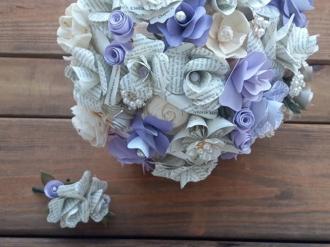 Soft Purple, Lavender, Ivory Bridal Bouquet & Boutonniere, Book and Sola Wood Flower Bridal Bouquet, Romantic Keepsake Wedding Bouquet