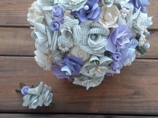 Soft Purple, Lavender, Ivory Bridal Bouquet & Boutonniere, Book and Sola Wood Flower Bridal Bouquet, Romantic Keepsake Wedding Bouquet