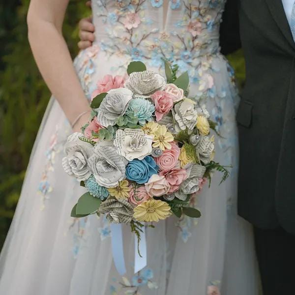 Sola Wood and Book Page Wedding Bouquet for Bride and Bridesmaids, Spring or Summer Wedding Flowers, Storybook Theme Wedding