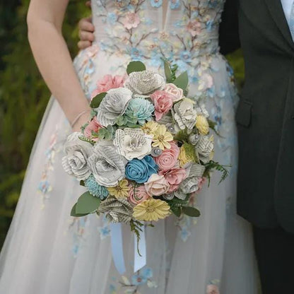 Sola Wood and Book Page Wedding Bouquet for Bride and Bridesmaids, Spring or Summer Wedding Flowers, Storybook Theme Wedding