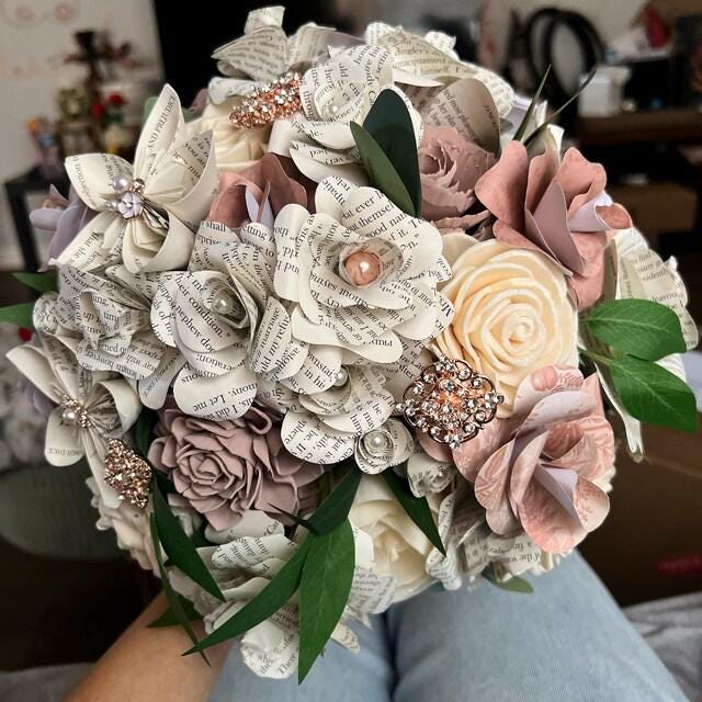 Wedding Bouquet w/ Pride and Prejudice Book Page Flowers, Jane Austen Wedding Theme, Bouquet accented w/ Brooches, Vintage Style Bride