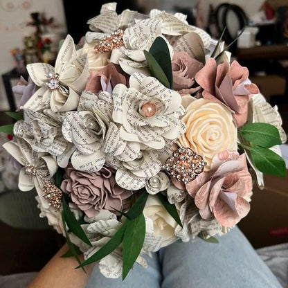 Wedding Bouquet w/ Pride and Prejudice Book Page Flowers, Jane Austen Wedding Theme, Bouquet accented w/ Brooches, Vintage Style Bride