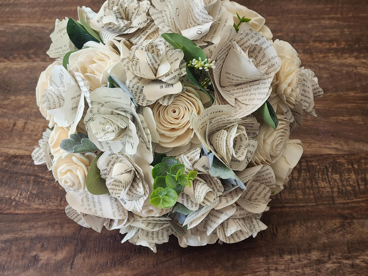 Book Page and Sola Wood Flowers, Wedding Bouquet & Boutonniere, Literary Bridal Bouquet, Book Lover Wedding Flowers, Rustic Wedding Bouquet
