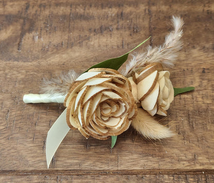 Rustic Boho Wedding Bouquet & Matching Boutonniere, Sola Wood Flower Bridal Bouquet, Neutral Farmhouse Wedding Flowers, Dried Flower Bouquet
