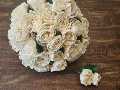 Sola Wood Flower Bridal Bouquet with Boutonniere: Ivory Roses. Sola Wood Flower Brides Bouquet and Grooms Boutonniere READY TO SHIP