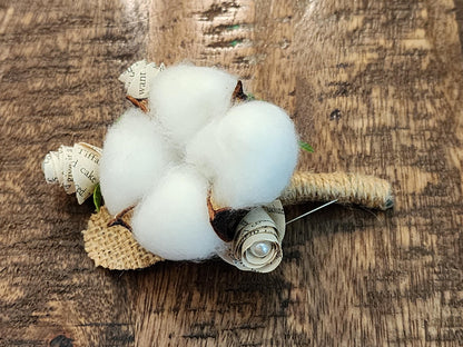 Groom or  Groomsmen Boutonniere – Natural Cotton & Book Page Rosettes with Pearl Accents, Rustic Literary Wedding Flower, Farmhouse Wedding