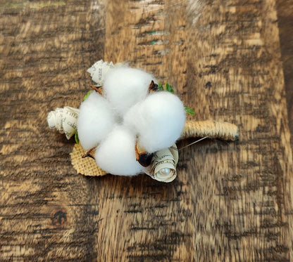 Groom or  Groomsmen Boutonniere – Natural Cotton & Book Page Rosettes with Pearl Accents, Rustic Literary Wedding Flower, Farmhouse Wedding