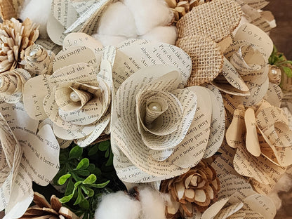 Book Page Bridal Bouquet and Boutonniere Set, Rustic Sola Wood Flower Bouquet, Cotton Burlap Magnolia Leaf Wedding Flowers, Bookish Bride
