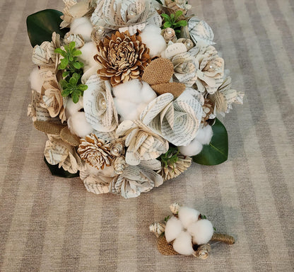 Book Page Bridal Bouquet and Boutonniere Set, Rustic Sola Wood Flower Bouquet, Cotton Burlap Magnolia Leaf Wedding Flowers, Bookish Bride